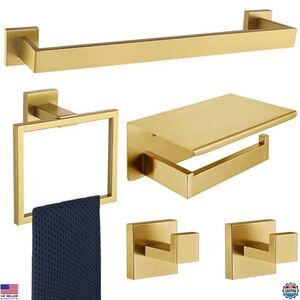 5-Piece Brushed Gold Bathroom Hardware Set, Towel Rack, Toilet Paper Holder